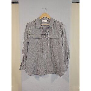 Calvin Klein‎ Collared Shirt Size L Striped Lace Up Neckline Nautical Coastal